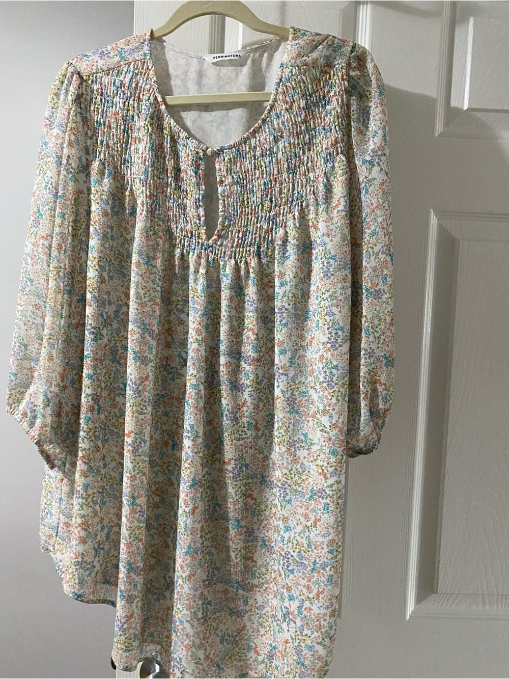 Penningtons Cream Floral Smocked Peasant Tunic 3X